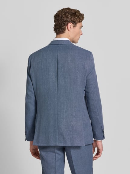 Männermodel trägt Regular Fit Anzugsakko aus Leinen-Mix Modell 'JASPER' von BOSS, melanż, kołnierz z połami, zapięcie na 2 guziki, wykończenie: boczne rozcięcia, brustasza, kieszeń wewnętrzna, kieszenie z patką, wykończenie materiału: mieszanka lnu, ganzkörperansicht rückansicht.