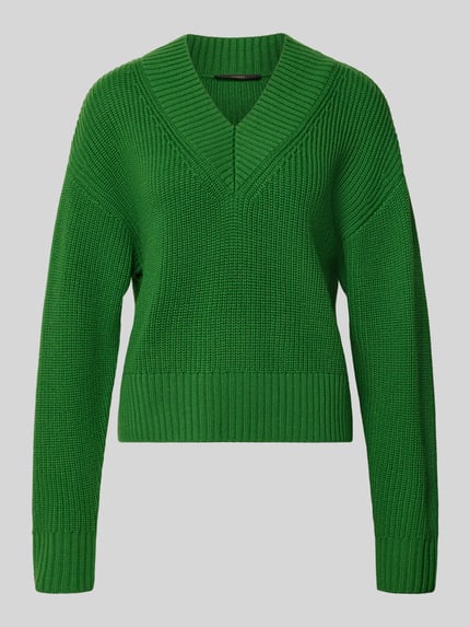 Produktfoto, Strickpullover aus Schurwolle mit V-Ausschnitt von windsor., czysta żywa wełna, krój relaxed fit, gruby ścieg, dekolt w serek, długość tyłu w rozmiarze 36: 54 cm, długość rękawów w rozmiarze 36: 58 cm, intensywnie zielony kolor, prosty fason, wyraźna faktura dzianiny
