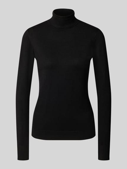 Productfoto, zwarte Slim Fit Strickpullover aus Viskose-Mix Modell 'Morla' van b.young, rolkraag, elastische boorden, gladde textuur.
