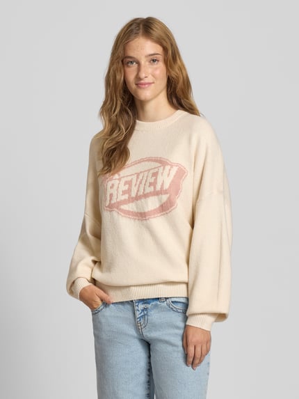 REVIEW Gebreide pullover met labelprint Offwhite gemêleerd - 4