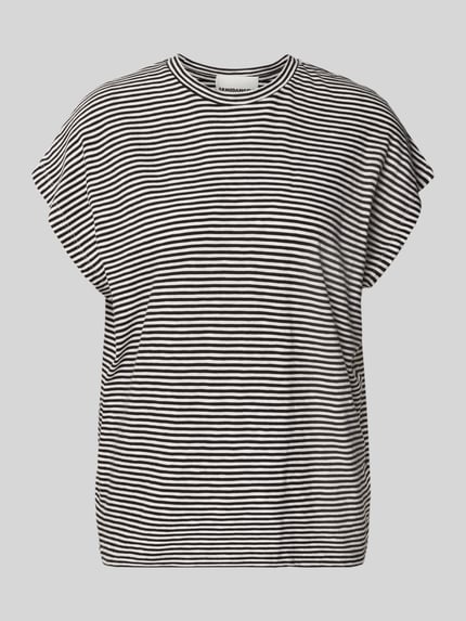 Produktfoto, Loose Fit T-Shirt aus reiner Baumwolle von Armedangels, Damen T-Shirt in Two-Tone-Optik mit Streifen-Muster, Label-Patch, Logo-Stitching, Rundhals-Ausschnitt, ärmellose Ärmelform, Jersey-Material, reine Baumwolle.