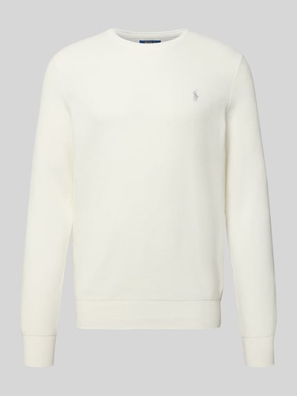 Produktfoto, Strickpullover mit Label-Stitching van Polo Ralph Lauren in gebroken wit, ronde hals, regular fit, geribde boorden, pure katoen