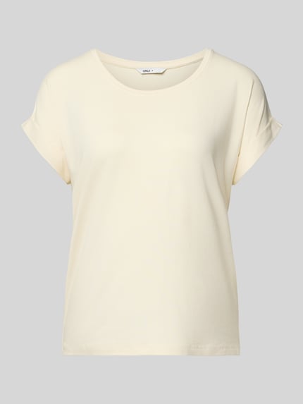 Productfoto, Regular fit T-shirt uit viscosemix model 'MOSTER' van Only, effen, fijnrib, ronde hals, korte mouw met vaste omslag