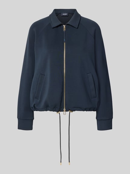 Produktfoto, dunkelblaue Sweatjacke mit Zweiwege-Reißverschluss Modell 'Taimi' von JOOP!, Material-Mix mit Modal-Anteil, Relaxed-Fit, Umlegekragen, Eingrifftaschen, Tunnelzug