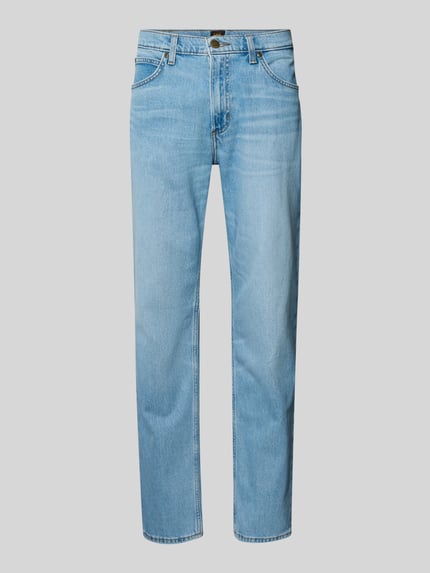 Produktfoto, Straight Fit Jeans im 5-Pocket-Design Modell 'WEST' von Lee, mieszanka bawełny i elastanu, szerokość w rozmiarze 32/32: 42 cm, długość wewnętrzna nogawki: 83 cm, jasnoniebieski kolor, proste nogawki, zapięcie na guzik i zamek błyskawiczny, szlufki na pasek