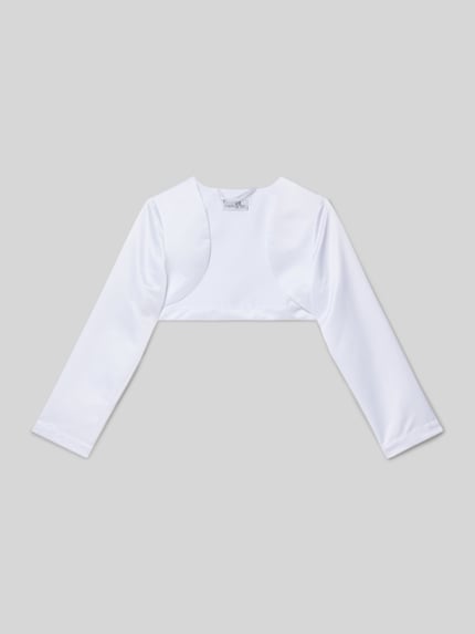 Produktfoto, Bolero aus Satin mit offener Vorderseite von Happy Girls in Weiß, cropped, glatte Textur, Rückenlänge 25 cm, Schulterbreite 31 cm, Ärmellänge 49 cm