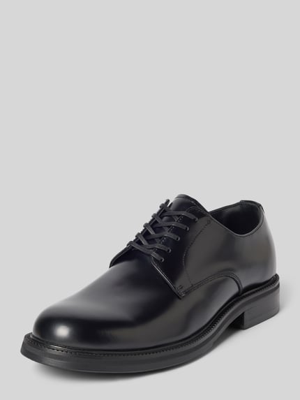 Produktfoto, schwarze glatte Oberfläche, klassische Form, dezente Nähte, Produktname: Schnürschuhe aus echtem Rindsleder Modell 'BOBBY' von Selected, Herren Schnürschuhe
