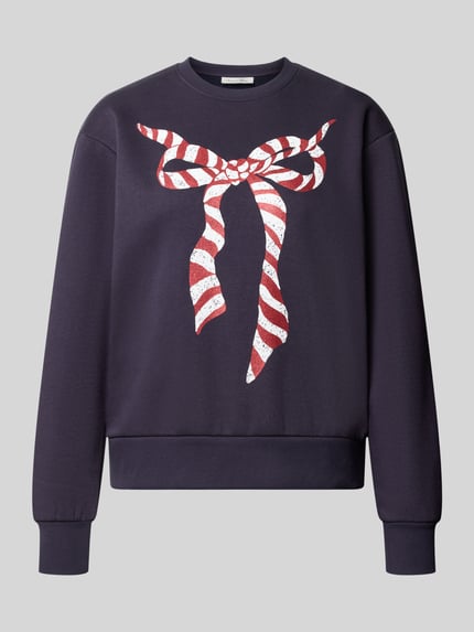 Produktfoto, Regular Fit Sweatshirt aus Baumwoll-Mix mit Motiv-Print von Christian Berg Woman, dunkelviolett, rote und weiße Schleife, gerippte Abschlüsse