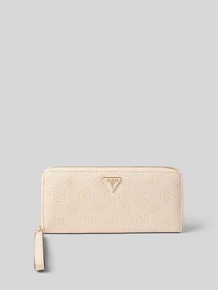 Produktfoto, kremowe Portemonnaie in Leder-Optik Modell 'BLAKE' von GUESS, tłoczone logo, zamek błyskawiczny, detal z logo, damski portfel