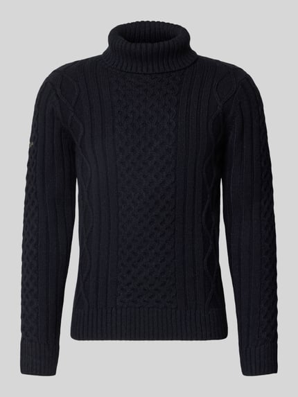 Produktfoto, Rollkragenpullover mit Zopfmuster von Superdry, dunkelblau, Slim Fit, Material-Mix mit Leinen-Anteil, strukturierte Oberfläche
