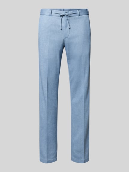 Produktfoto, Straight Fit Stoffhose mit Bundfalten Modell 'Sparta' von Zuitable, Material-Mix mit Baumwoll-Anteil, hellblaue Farbe, sichtbarer Knopf- und Reißverschluss, Bundfalten, Gesäßtaschen, feine Struktur, Bundweite bei Größe 50: 47 cm, Innenbeinlänge: 80 cm