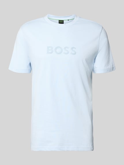 Produktfoto, Regular Fit T-Shirt aus reiner Baumwolle Modell 'TS_TERRACE' von BOSS Green in Hellblau, unifarben, Kurzarm, Rundhals, 3D-Label Print, Jersey-Textur
