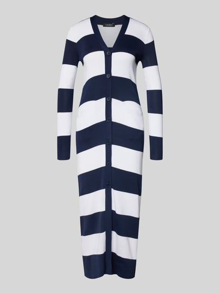 Produktfoto, Longcardigan mit Knopfleiste von Lauren Ralph Lauren aus Baumwoll-Viskose-Mix, taillierter Schnitt, gestreift in Dunkelblau-Weiß.