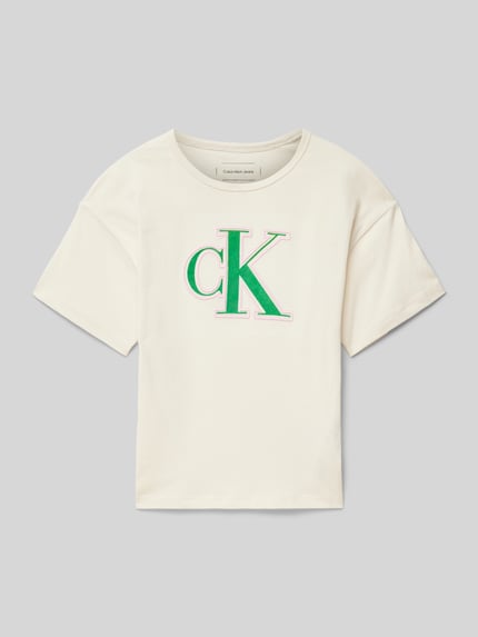 Calvin Klein Jeans Boxy fit T-shirt met labelprint Ecru - 1