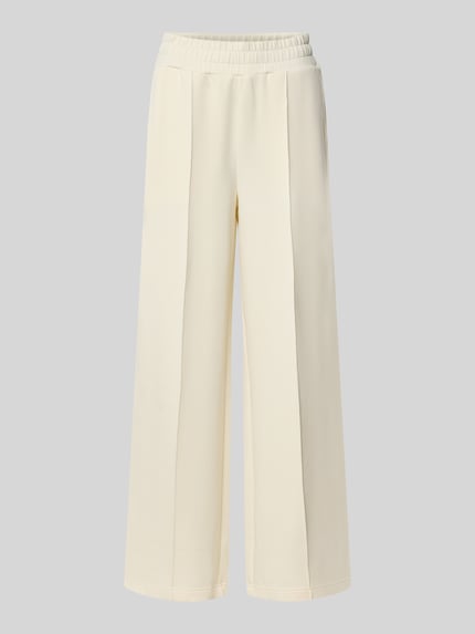 Productfoto, Wide Leg Sweatpant uit Viscosemix van Varley, Dames sweatpants met stretch, wide leg, persplooien, elastische band, zij-steekzakken, binnenbeenlengte maat S 78 cm, effen lichtbeige, gladde textuur