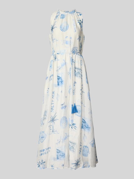 Produktfoto, Maxikleid mit Bindegürtel und Schlüselloch-Ausschnitt van Oui, dames maxi-jurk van viscosemix, getailleerd model met druppelvormige hals, strikceintuur, ruglengte maat 36: 138 cm, borstwijdte maat 36: 52 cm, wit met blauwe print, stoffen textuur