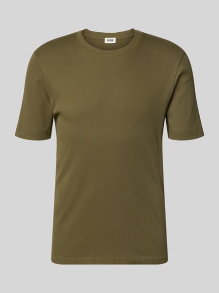 Productfoto, Slim Fit T-shirt met ronde hals model 'ENIL' van Drykorn, pure katoen, fijnrib, lengte achterkant maat M 67 cm, olijfgroen
