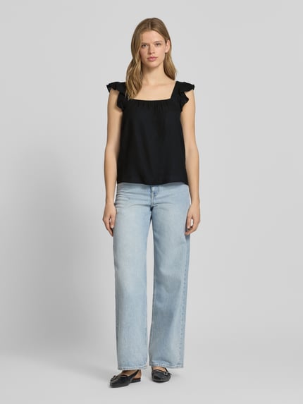 PIECES regular fit blousetop van mix van katoen en linnen model 'PIA' Zwart - 1