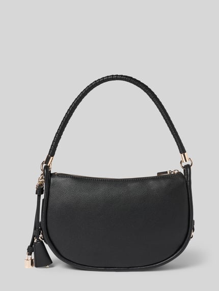 Produktfoto, schwarze Handtasche mit Label-Applikation von Guess, Hauptfach mit Reißverschluss, Modell DANYA, Tragehenkel, Maße 30x19x9 cm, Schulterriemen 50 cm.