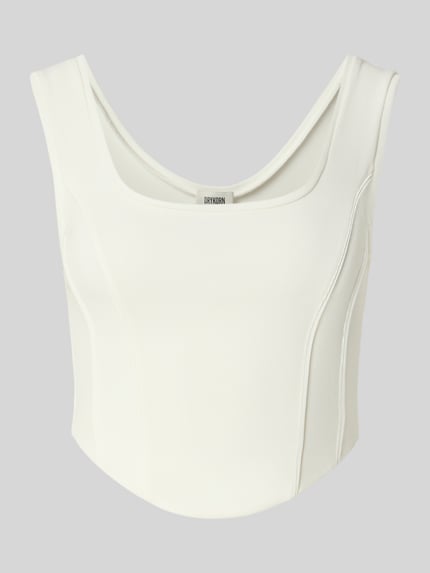 Produktfoto, Crop Top mit Rundhalsausschnitt Modell 'AGAPA' von Drykorn, biały, krótki fason, materiał z domieszką stretchu, długość tyłu w rozmiarze S: 22 cm