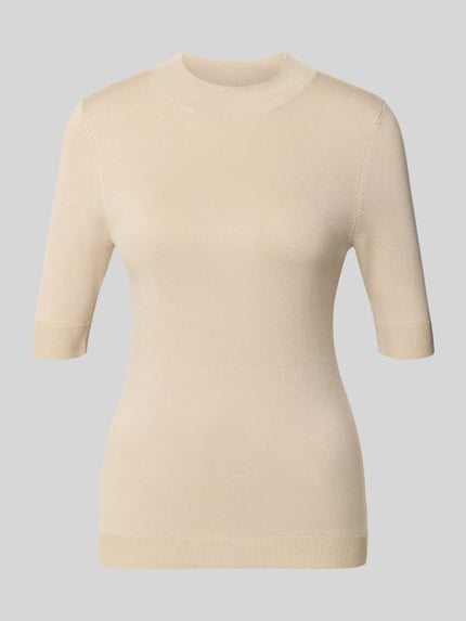 Produktfoto, Slim Fit Strickpullover aus Viskose-Mix von COMMA in Beige mit gerippter Blende und Abschlüssen, Halbarm, feinmaschige Textur