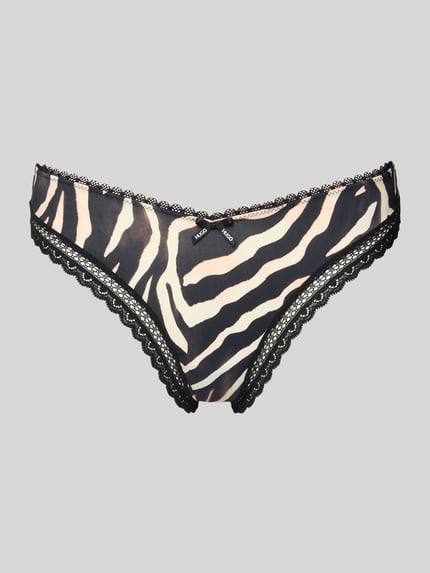 Produktfoto, String mit Spitzenbesatz von HUGO in Two-Tone-Optik mit Zebrastreifen und Logo-Schleife als Applikation auf der Vorderseite.