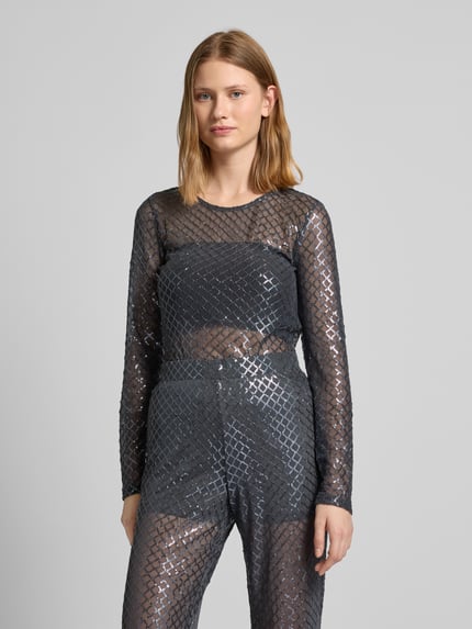 VERO MODA Bluzka o kroju regular fit z długim rękawem i cekinowym obszyciem model ‘SAFINA’ Antracytowy 4