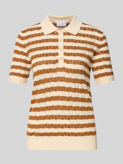 Produktfoto, Strickshirt mit Polokragen und Knopfleiste von Jake*s Collection, beige-braune Streifen, Slim Fit, 1/2-Arm, feine Textur