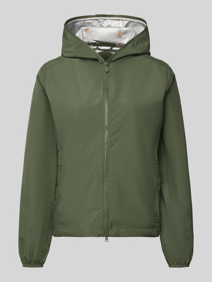 Produktfoto, Regular Fit Jacke mit Zweiwegereißverschluss Modell 'Stella' von SAVE THE DUCK, zielona, gładka faktura, dwie kieszenie na zamek, długość tyłu w rozmiarze S: 60 cm, szerokość ramion w rozmiarze S: 42 cm, szerokość w rozmiarze S: 52 cm, długość rękawa w rozmiarze S: 64 cm