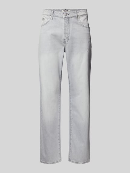 Produktfoto, Straight Fit Jeans aus reiner Baumwolle Modell 'EDGE' von Only & Sons in grauer Denim-Optik mit Label-Patch, Nieten und 5-Pocket-Design