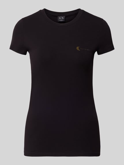 Productfoto, T-Shirt met Label-Print van ARMANI EXCHANGE, zwart, slim fit, rond geribd hals, katoen-elastaanmix, labelprint op borst, ruglengte maat S 60 cm.