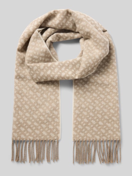 Productfoto, lichte beige sjaal met ingeweven patroon en franjes, zachte textuur, Schal aus reiner Wolle model 'Zesy_BB' van BOSS, Dames sjaal