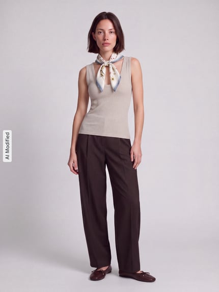Vrouwenmodel draagt Slim Fit Top uit katoenmix van GAP in beige op donkere broek, zachte textuur, Ganzichaansicht van voren, KI-gemodificeerd beeld.