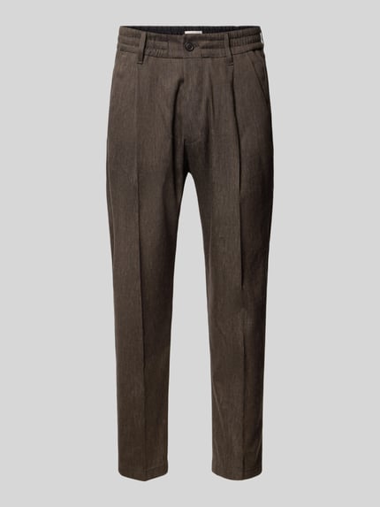 Produktfoto, Hose mit Bügelfalte und elastischem Bund Modell 'CHASY' von Drykorn, Leinen-Mix mit Viskose-Anteil, Slim-Fit, braune Struktur, französische Eingrifftaschen, Knopf- und Reißverschluss, Bundweite 44 cm, Innenbeinlänge 66 cm, klare Linien, glatte Textur