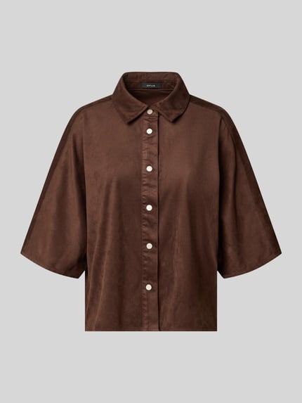 Produktfoto, Boxy Fit Bluse mit 1/2-Arm Modell 'Fermes' von OPUS im Material-Mix mit Stretch-Anteil, Hemdblusenkragen, Knopfleiste, braune Farbe, weiche Textur.