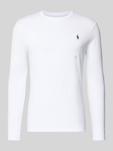 Productfoto, wit 'Custom Slim Fit Longsleeve met Label-Stitching' van Polo Ralph Lauren, katoen, ronde hals, maat M ruglengte 70 cm