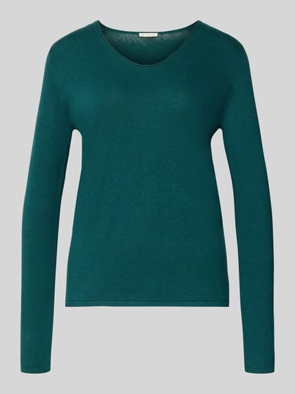 Produktfoto, Regular Fit Pullover aus Baumwoll-Viskose-Mix von Tom Tailor in Uni-Optik, V-Ausschnitt, langarm, fein gerippte Struktur, grün