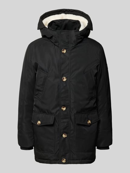 Produktfoto, Parka mit Kapuze und Pattentaschen Modell 'J-HUNT' von MCNEAL, czarny kolor, krój regular fit, tekstura gładka, długość tyłu 85 cm, szerokość ramion w rozmiarze M: 49 cm, szerokość klatki piersiowej w rozmiarze M: 46 cm, długość rękawa w rozmiarze M: 67 cm