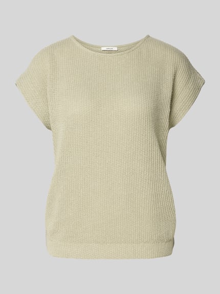 Produktfoto, Relaxed Fit T-Shirt in Strick-Optik Modell 'Sofrano' von OPUS, Damen T-Shirt aus Baumwoll-Mix, helles Grün, feine Struktur, Rundhalsausschnitt, elastischer Bund, Rückenlänge 56 cm bei Größe 36.