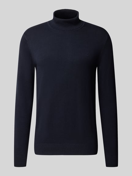Produktfoto, Regular Fit Strickpullover aus Baumwoll-Woll-Mix mit Rollkragen von Christian Berg Men, unifarben, dunkles Blau, glatte Textur