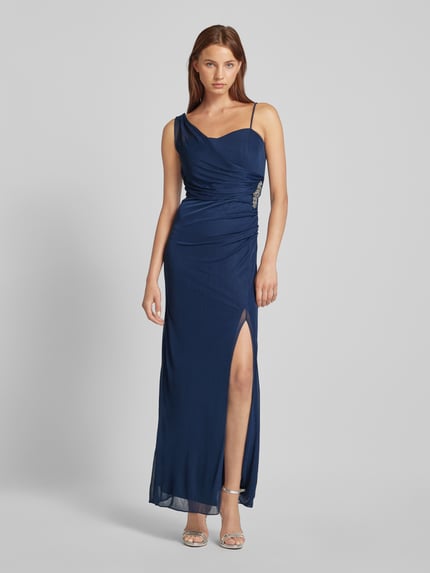 Christian Berg Cocktail Abendkleid mit Raffungen und Ziersteinbesatz Dunkelblau 4