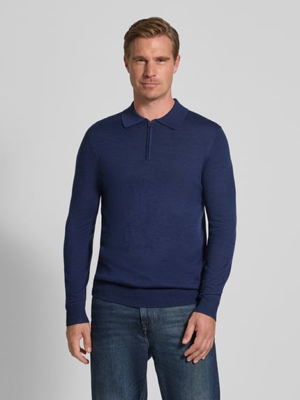 Christian Berg Men Regular fit gebreide pullover van wolmix met platte kraag Donkerblauw gemêleerd - 4