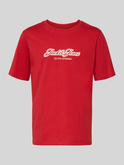 Produktfoto, Regular Fit T-Shirt mit Logo-Print von JACK & JONES in Rot, reine Baumwolle, Rundhalsausschnitt, Rückenlänge 69 cm bei Größe M