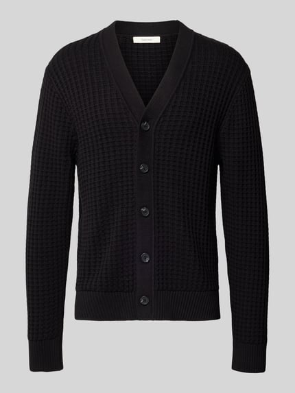 Produktfoto, Herren Strickjacke aus reiner Baumwolle Modell 'TOM' von SELECTED HOMME, schwarz, unifarben, Waffelstruktur, Knopfleiste, Grobstrick