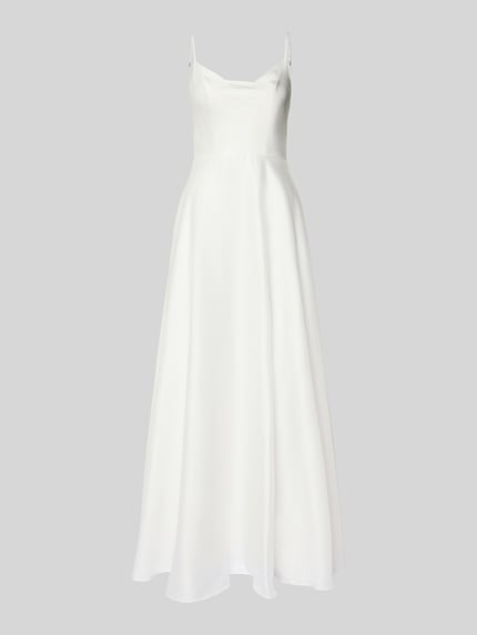 Produktfoto, Abendkleid aus Satin mit rückseitigem Knotendetail van Laona in wit, A-lijn maxijurk met watervalhals, satijngladde textuur, ruglengte 145 cm, borstwijdte 42 cm