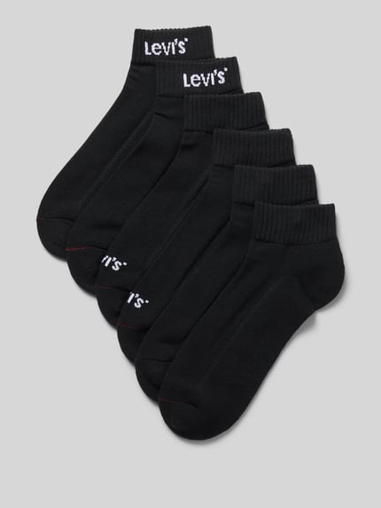 Produktfoto, Socken aus Baumwoll-Mix im 6er-Pack von Levi's® für Herren, einfarbig schwarz, weiche Textur, gerippter Bund, Markenlogo sichtbar.