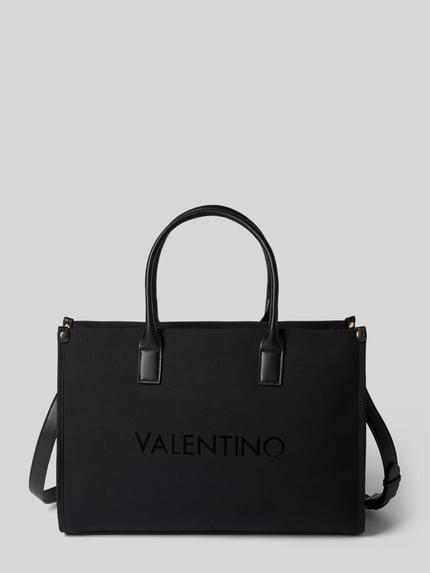 Produktfoto, schwarze Handtasche aus Baumwoll-Viskose-Mix Modell 'ACANTHA' von VALENTINO BAGS mit Logo, Tragehenkeln und Schulterriemen.