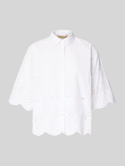 Produktfoto, Cropped Bluse mit Lochstickerei van Smith and Soul in wit, puur katoen, overhemdkraag, knoopsluiting, ruglengte 55 cm, mouwlengte 29 cm, ajourwerk, dames blouse