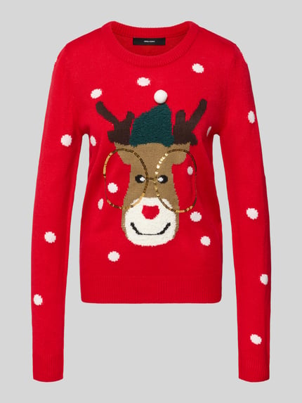 VERO MODA Regular Fit Weihnachtspullover mit Pailletten-Motiv Modell 'TINSEL' Rot 2