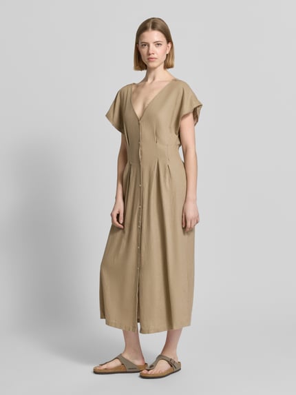 ICHI Midikleid aus Leinen-Viskose-Mix mit V-Ausschnitt Taupe 1